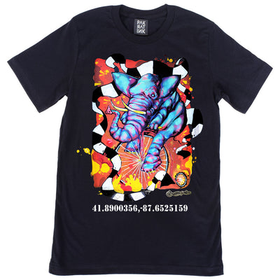 PakRat Ink Unisex T-shirt "Elephant on a Penny Farthing" by Bunny!XLV