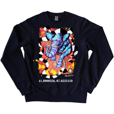 PakRat Ink Unisex Crewneck Sweatshirt "Elephant on a Penny Farthing" by Bunny!XLV