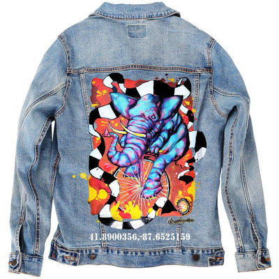 PakRat Ink Unisex Denim Jacket "Elephant on a Penny Farthing" by Bunny!XLV