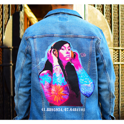 PakRat Ink Unisex Denim Jacket "Good Vibrations" by Czr Prz Chicago Alley Close Up