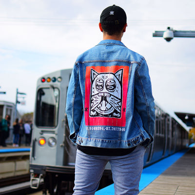 PakRat Ink Unisex Denim Jacket "Patio Dweller 2" by Jaymes Josef Chicago CTA Train Brown Line