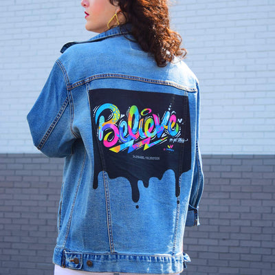 PakRat Ink Unisex Denim Jacket "Believe" by Jason Naylor Close Up
