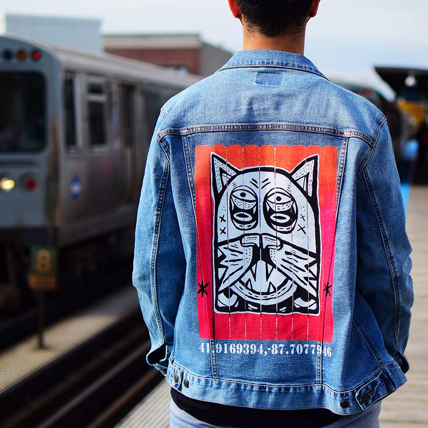 PakRat Ink Unisex Denim Jacket "Patio Dweller 2" by Jaymes Josef Chicago L Train Station