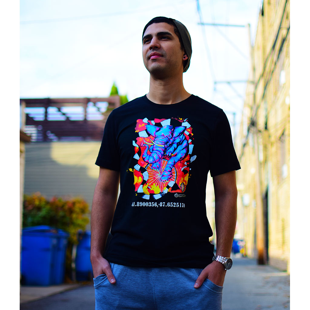 PakRat Ink Unisex T-shirt "Elephant on a Penny Farthing" by Bunny!XLV Chicago Alley 2