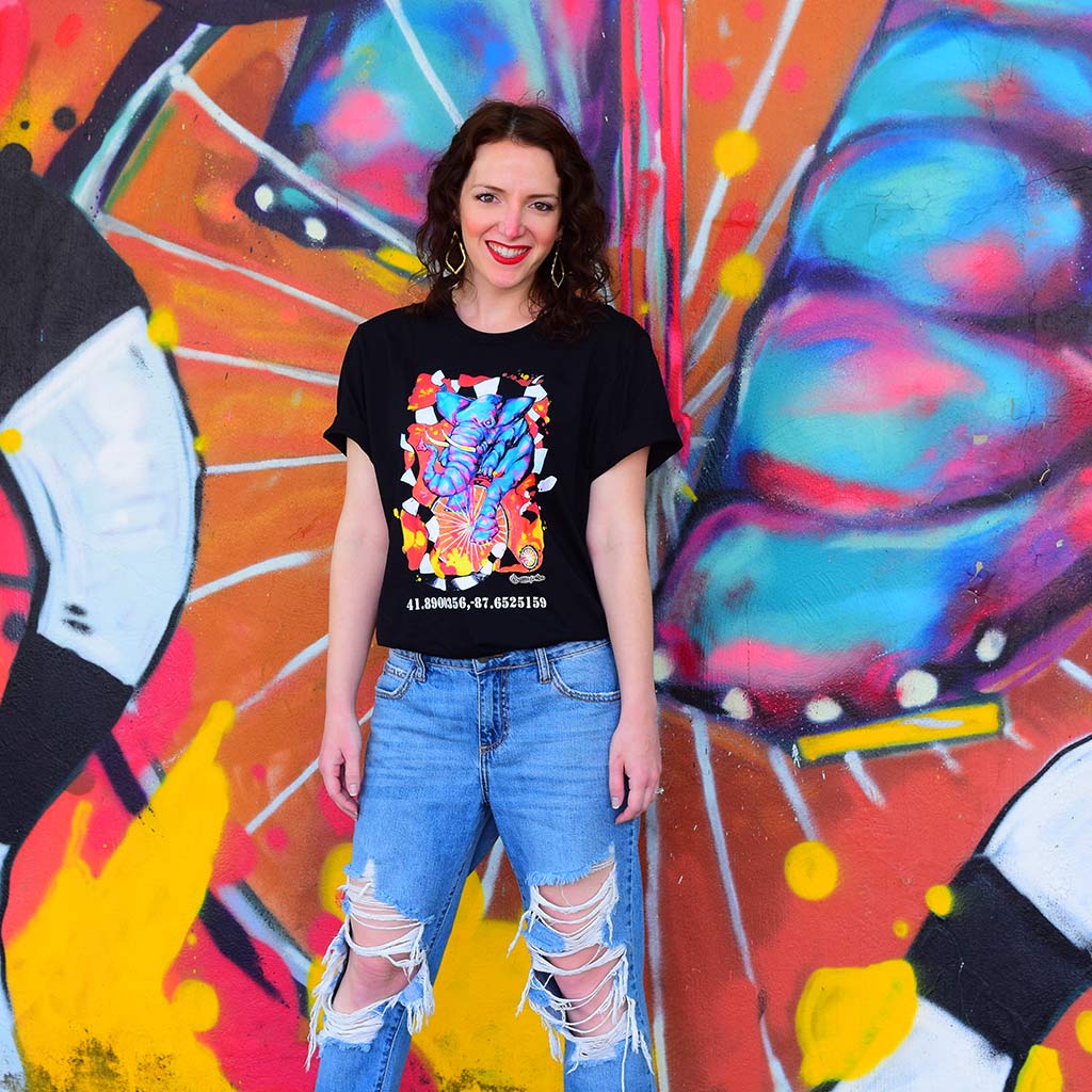 PakRat Ink "Elephant on a Penny Farthing" Mural by Bunny!XLV Black T-Shirt Unisex