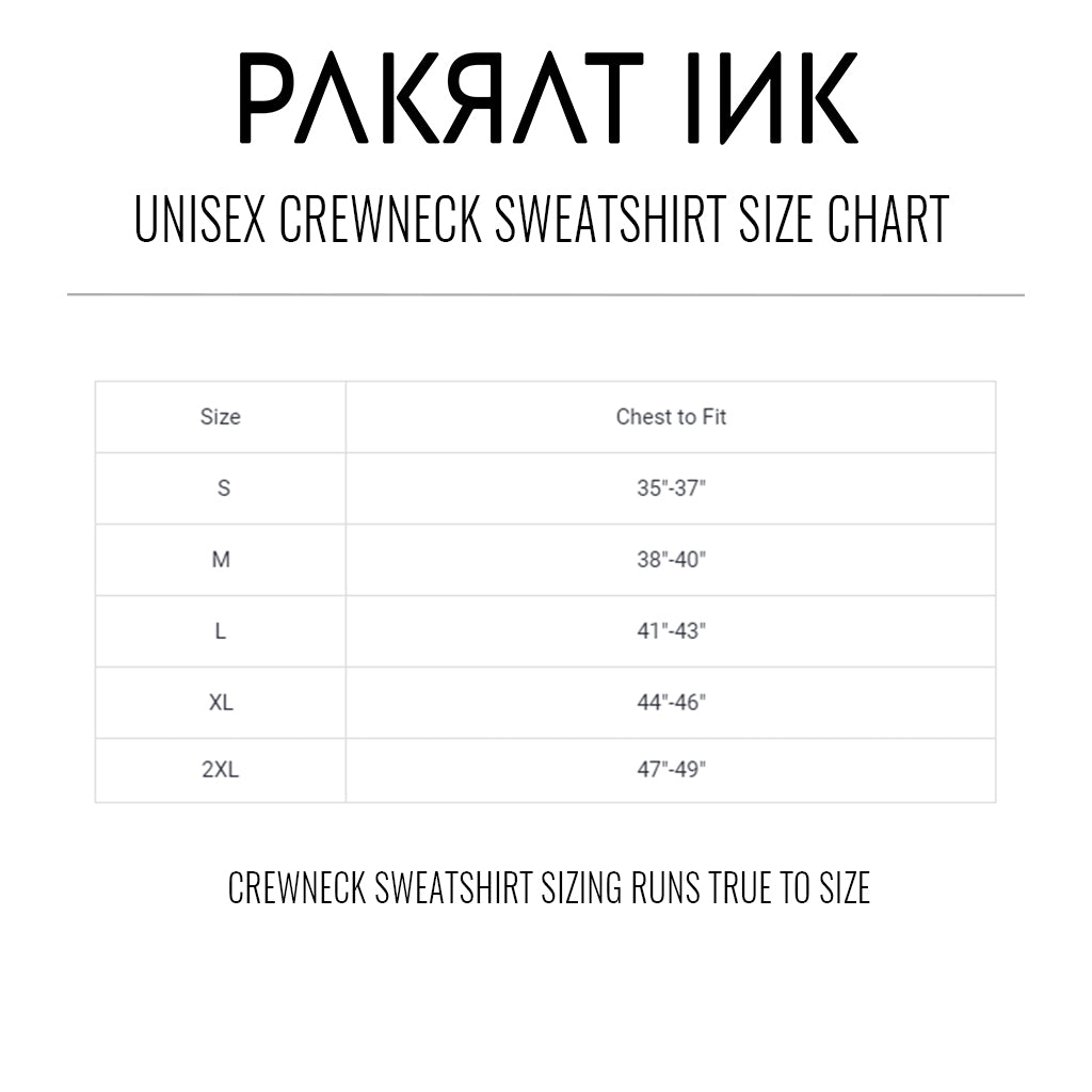 PakRat Ink Unisex Crewneck Sweatshirt Size Chart