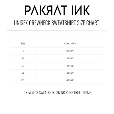PakRat Ink Unisex Crewneck Sweatshirt Size Chart