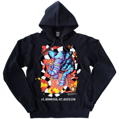 PakRat Ink Unisex Hoodie "Elephant on a Penny Farthing" by Bunny!XLV