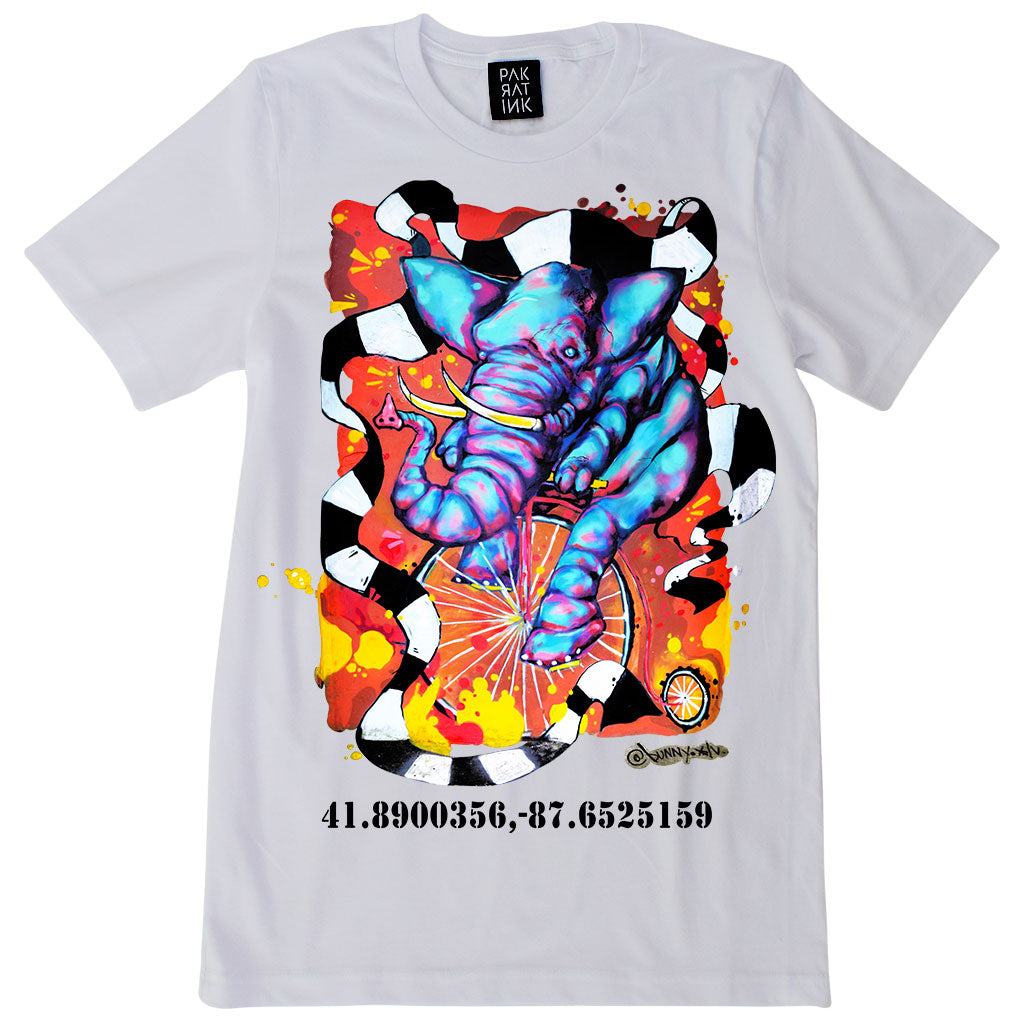 PakRat Ink Unisex White T-shirt "Elephant on a Penny Farthing" by Bunny!XLV