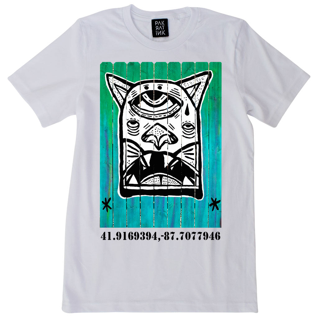 PakRat Ink Unisex White T-shirt "Patio Dweller 1" by Jaymes Josef