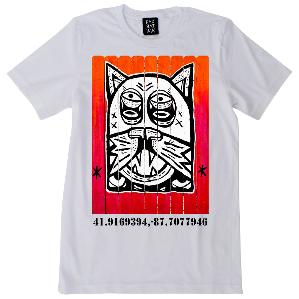 PakRat Ink Unisex White T-shirt "Patio Dweller 2" by Jaymes Josef